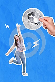 Collage photo of young attractive pretty cool swag excited positive woman dancing celebrating her weekend disco ball