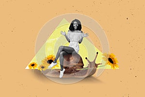 Collage photo of young attractive woman sitting sliding slither mollusk autumn fall season sunflower bloom field