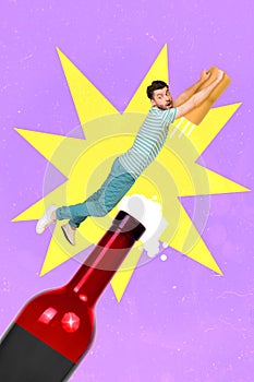 Collage photo of young funny excited crazy guy uncork bottle glass champagne open beverage drink shocked fly superhero