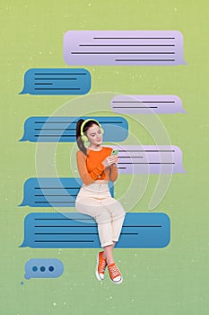 Collage photo of young girl sitting on chatterbox communicate with boyfriend in phone isolated on green color background