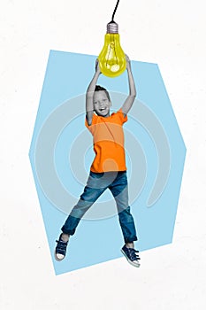 Collage photo of young hanging light bulb funky schoolboy preteen age smart person have fun wear casual outfit isolated