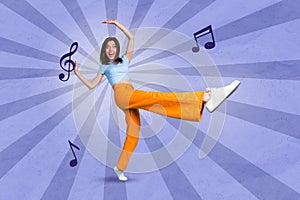 Collage photo of young positive cute girl wear orange pants blue top summer disco party music energetic crazy isolated