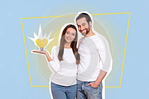 Collage photo of young smile cheerful couple boyfriend with girlfriend harmony together hold yellow lightbulb love