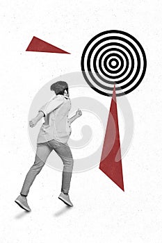 Collage photo of young student guy business owner run for target darts goal financial goal run isolated on white color