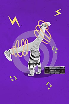 Collage photo of young teenager dancing handstand hiphop breakdance listen music recorder gramophone cassette active