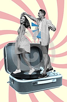 Collage photo of youngster couple celebrate dancing carefree relax chill stay gramophone vinyl player discotheque