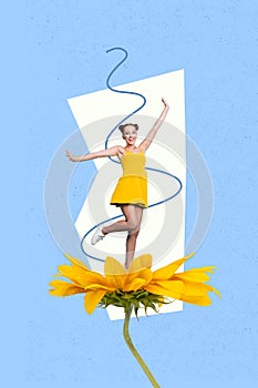 Collage photo of youngster energetic teenage girl wear yellow skirt hands up dance stay fresh yellow gerbera pms