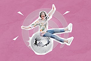 Collage photo of youngster funny woman after work chilling sitting disco ball relaxed listen music dancer activity