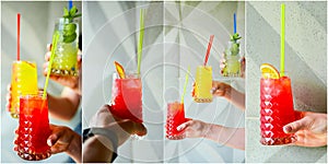 Collage from photographs of cocktails. Delicious cold drinks for refreshment. Fruit beverage