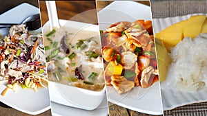 Collage from Photographs of variety Thai meal salad, soup, stir fried, dessert