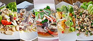 Collage from Photographs of variety Thai spicy salad.