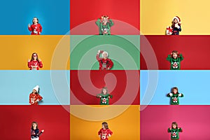 Collage with photos of adorable children in different Christmas sweaters on color backgrounds