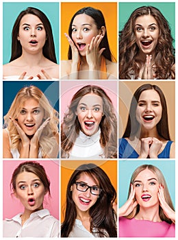 Collage of photos of attractive smiling happy women