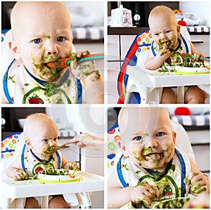 Collage photos of baby's first solid food