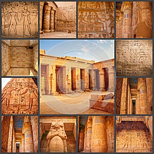 A collage of photos Beautiful ancient Temple of Medina-Habu. Egypt, Luxor