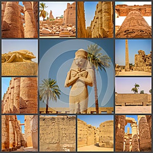 A collage of photos Beautiful ancient Temple of Medina-Habu. Egypt, Luxor