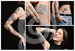 Collage with photos of beautiful woman with tattoos on body against black background