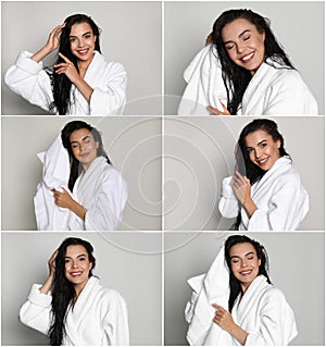 Collage with photos of beautiful young woman drying hair with towel after washing on light grey background