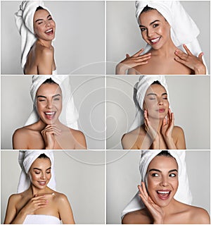 Collage with photos of beautiful young woman with towels on light background