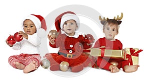 Collage with photos of cute babies with Christmas decorations on background. Banner design