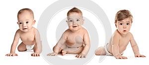 Collage with photos of cute babies crawling on background. Banner design