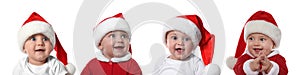 Collage with photos of cute baby on background, banner design. First Christmas