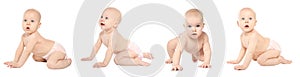 Collage with photos of cute baby crawling on background. Banner design