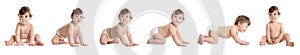 Collage with photos of cute baby crawling on background. Banner design