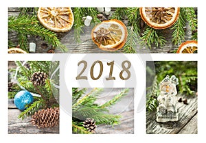 A collage of photos of decorated Christmas trees, decorations, gifts and winter spices. New year background