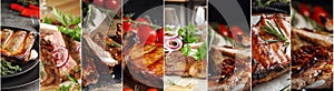 Collage with photos of delicious grilled meat. Banner design