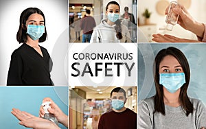 Collage with photos devoted coronavirus outbreak. Be in safety