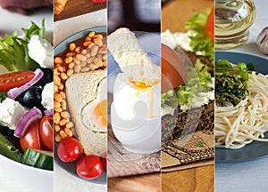 Collage from photos of different european food. Greek salad, English breakfast, scrambled eggs, sandwich, pesto pasta.