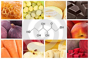 Collage with photos of different products containing fructose