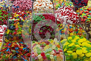 Collage of photos with different sweets jelly candies