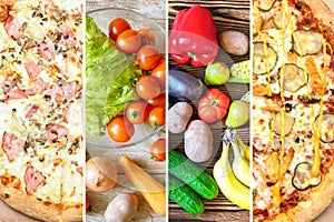 Collage from photos of different tasty healthy and unhealthy fast food, fresh vegetables, salad, fruits, pizza with
