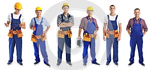 Collage with photos of electricians on background, banner design