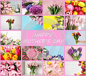 Collage with photos of flowers and text Happy Mother`s Day