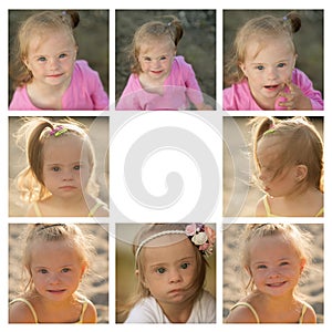 A collage of photos of the girl with Down syndrome on the beach
