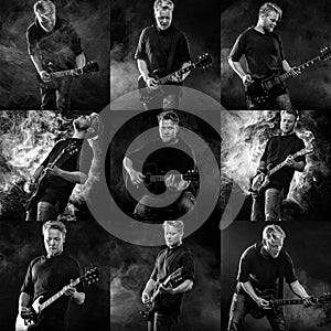 Collage of photos with handsome young musician man playing on guitar and singing in the smoke on stage or scene.