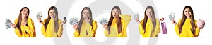 Collage with photos of happy young woman holding money on white background. Banner design