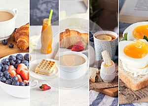 Collage from photos of healthy european breakfast with eggs, coffee, juice, smoothie and fresh berries