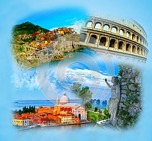 Collage from photos of Italy on blue background