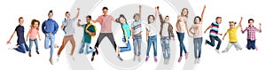 Collage with photos of jumping children on background. Banner design