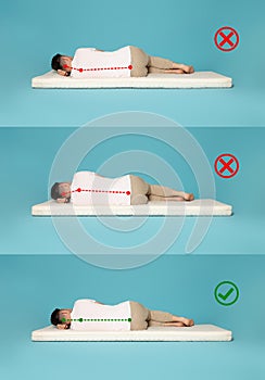 Collage with photos of man lying on mattress. Wrong and correct sleeping posture. Choose right mattress