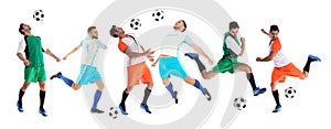 Collage with photos of men playing football on white background. Banner design