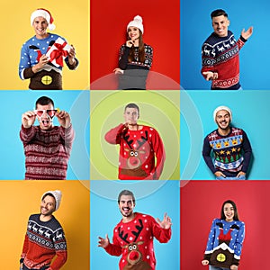 Collage with photos of men and women in different Christmas sweaters on color backgrounds