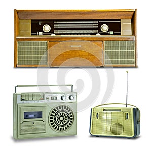 A collage of photos of old radios