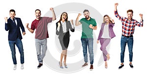 Collage with photos of people celebrating victory on white background. Banner design