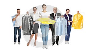 Collage with photos of people holding clothes in plastic bags on background. Dry-cleaning service