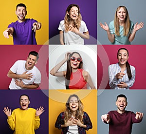 Collage with photos of people laughing on different color backgrounds